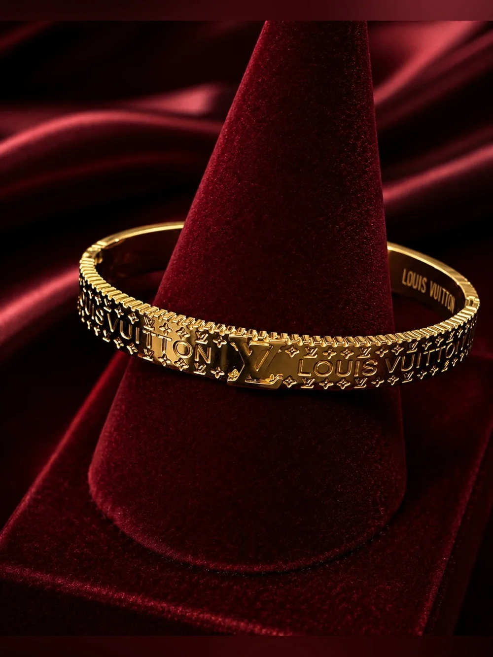 Gold LV Monogram Hinged Bangle Bracelet